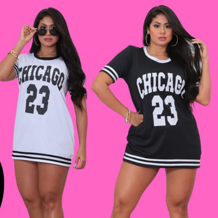 Mini Vestido Feminino Estilo Camisão Chicago N York Algodão Streetwear Casual Fitness Academia Vestido Curto S