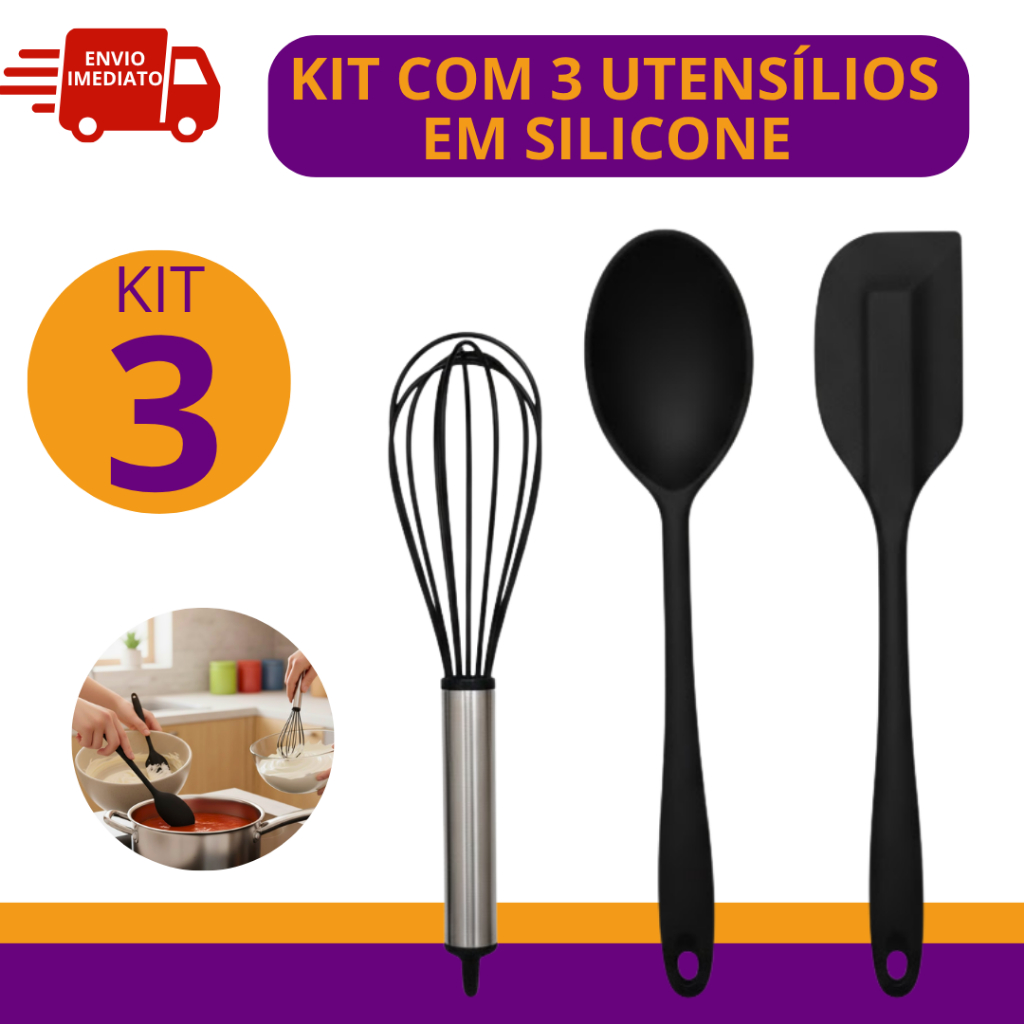 Kit de Utensílios de Silicone Colher + Fuet + Espátula Pão Duro Raspadora Jogo com 3 Não Derrete