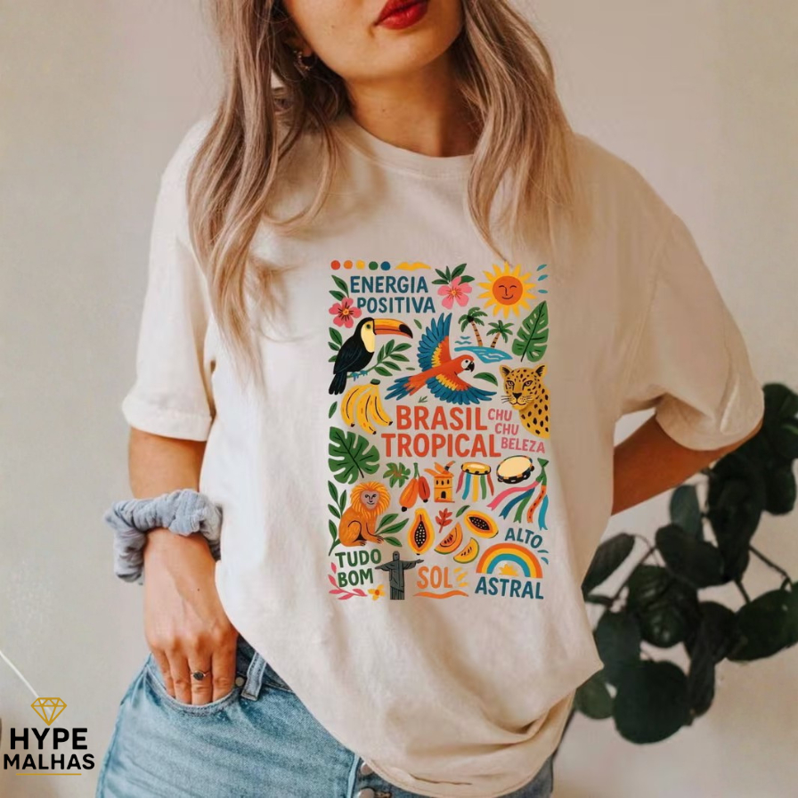 Camiseta Feminina Brasil Tropical Algodão Premium Estampa Tendência Brasilcore Blusa Confortável
