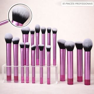 Conjunto de Pincéis de Maquiagem Profissional com Cabo Transparente | Cerdas Macias para Base, Pó e Sombra | 16 Peças
