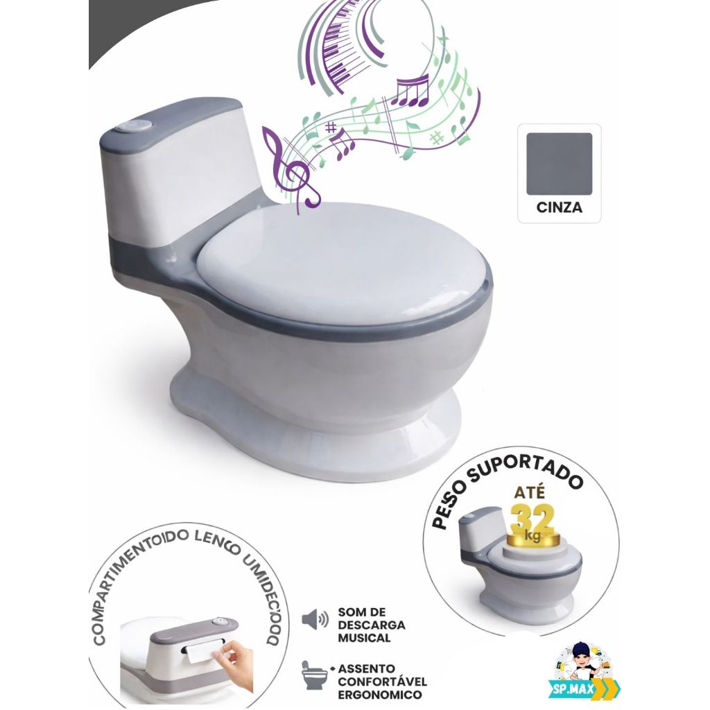 Privadinha Infantil  Musical ( Som Real da Descarga) 32Kg Bebe Troninho Penico Desfralde Cinza