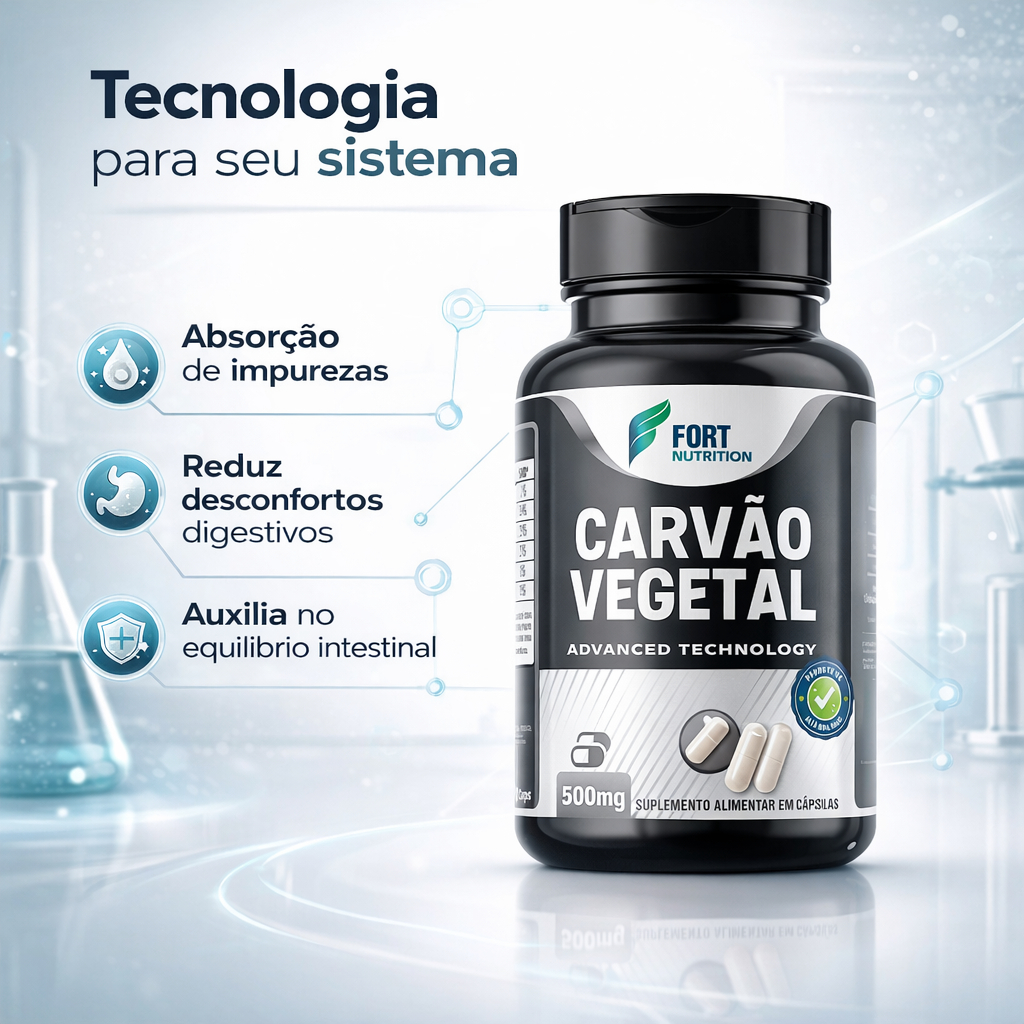 Carvão Vegetal Ativado 500mg – Suporte Digestivo e Equilíbrio – 120 Cáps por Pote -  Envio Rápido
