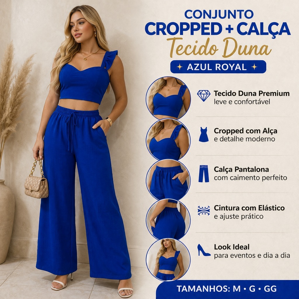 conjunto feminino | tecido duna |calça pantalona com forro e cropped com bojo | luxo | Alça | duna premium