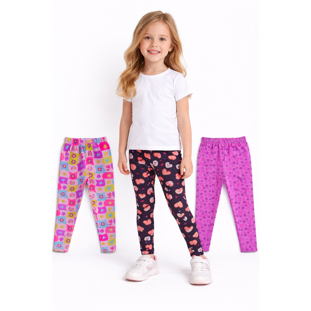 Kit 3 Legging Escolar Estampada Infantil Sortida Feminina Algodão Tamanho 04 Ao 16 Calça Para Educação Física