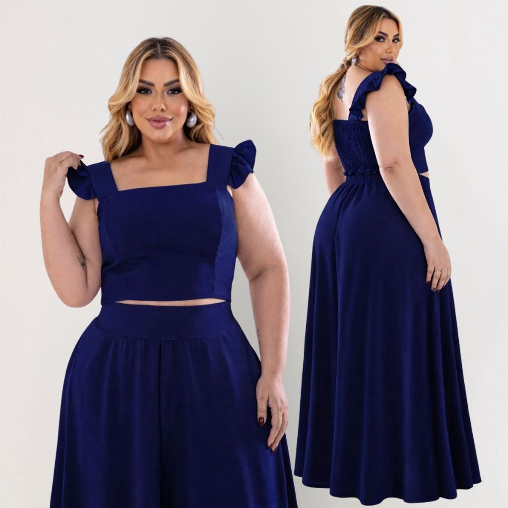 Conjunto Godê Saia e Cropped Plus Size Moda Maior Elegante, Sofisticado, Lastex, Moda Feminina