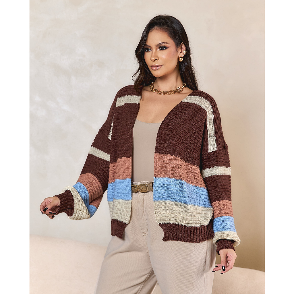 Casaco Listrado Feminino Tricot Linha Cardigan Outono Inverno Elegante Confortavél