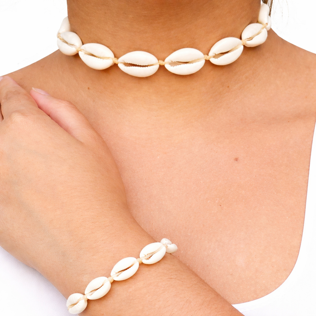 Choker + Pulseira Búzios Natural Colar Concha Maré Ajustável 12 Búzios Foto Real 2 unidades