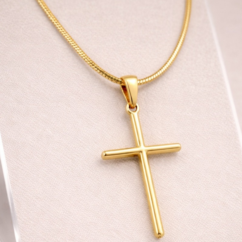 Colar Religioso Cruz Feminino Ouro 18K Aço Inoxidável Luxo Delicado