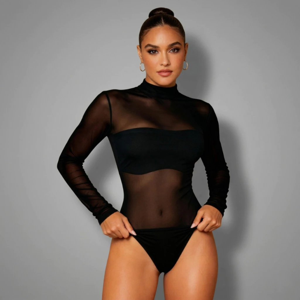 Body Feminino Tule Manga Longa Blusa Feminina Transparente Casual Festa Balada — imagem 1