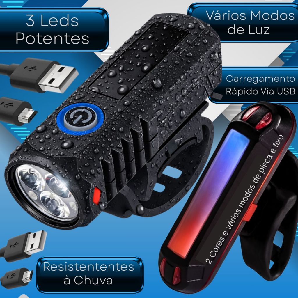 Kit Farol Bicicleta Bike LED USB Recarregavel Lanterna Sinalisador Traseiro Resistente à água