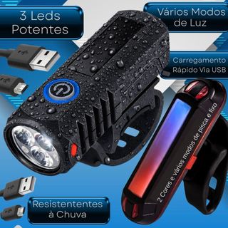 Kit Farol Bicicleta Bike LED USB Recarregavel Lanterna Sinalisador Traseiro Resistente à água