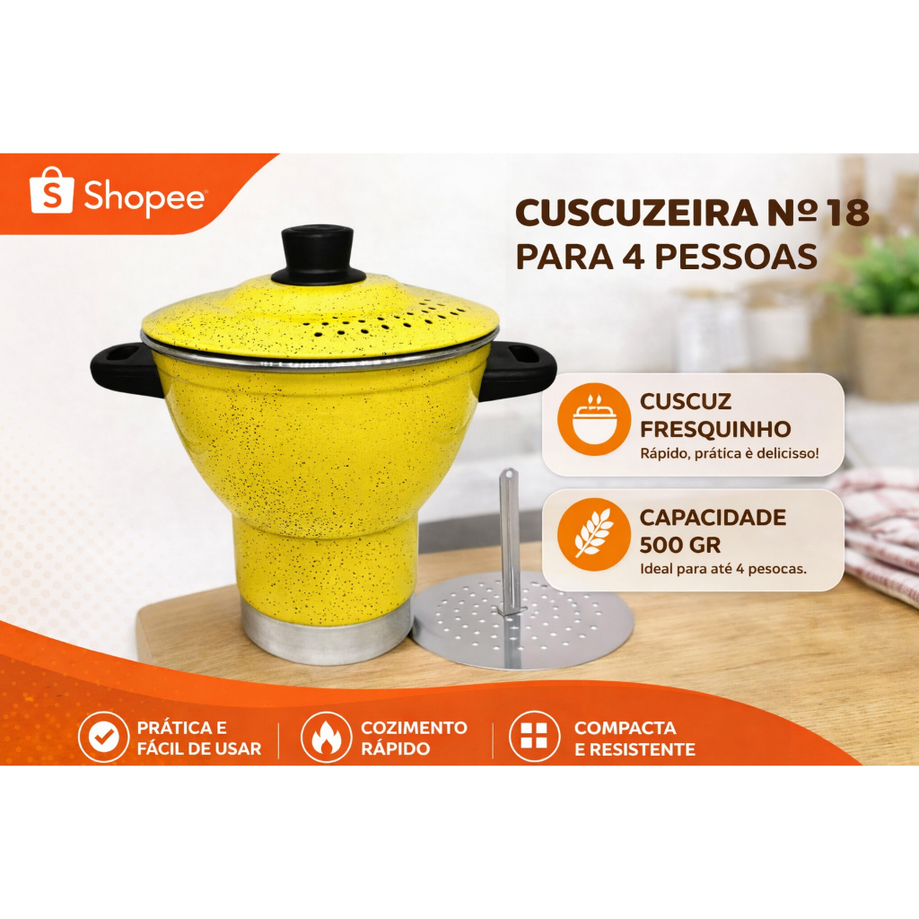 Cuscuzeiro de Alumínio  Amarelo Cuscuz Nordestino nº18 Cuscuzeiro para 4 Pessoas Aluminio Amj