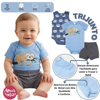 Kit 3 Peças Body Bebê Verão Manga Curta Regata Short Masculino P ao GG. em Oferta na Shopee