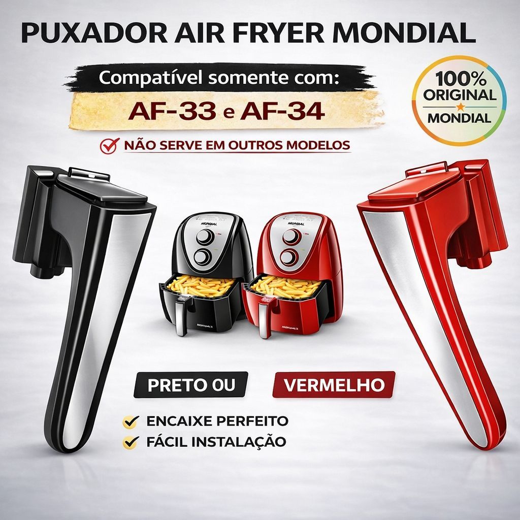 Puxador/Cabo/Alça da Air Fryer Mondial AF-33 e AF-34 Fritadeira Elétrica-Original - Preto e Vermelho