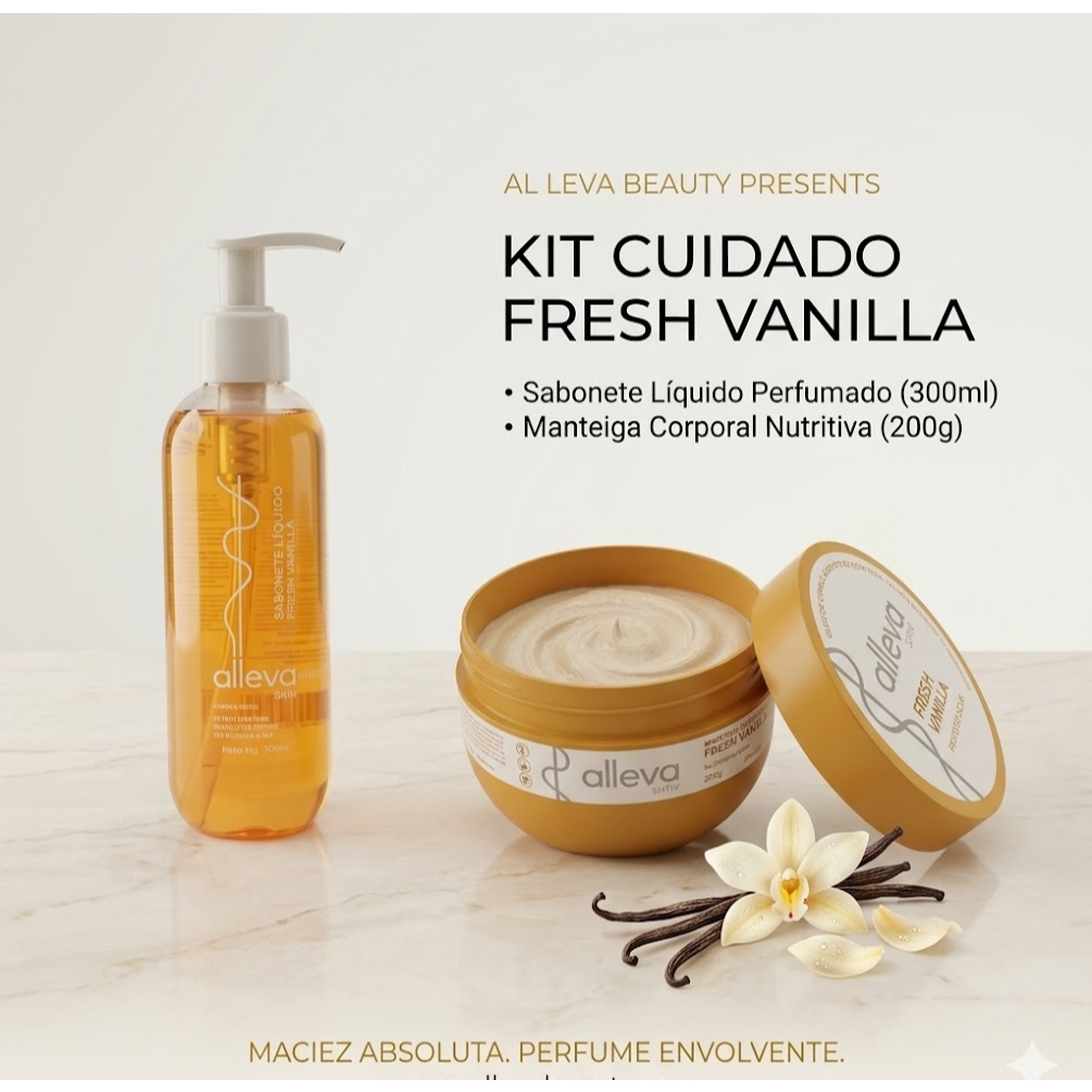 Kit Banho Premium Baunilha Manteiga Corporal e Sabonete Liquido Vanilla Fresh Alleva pele hidratada e cheirosa o dia tod
