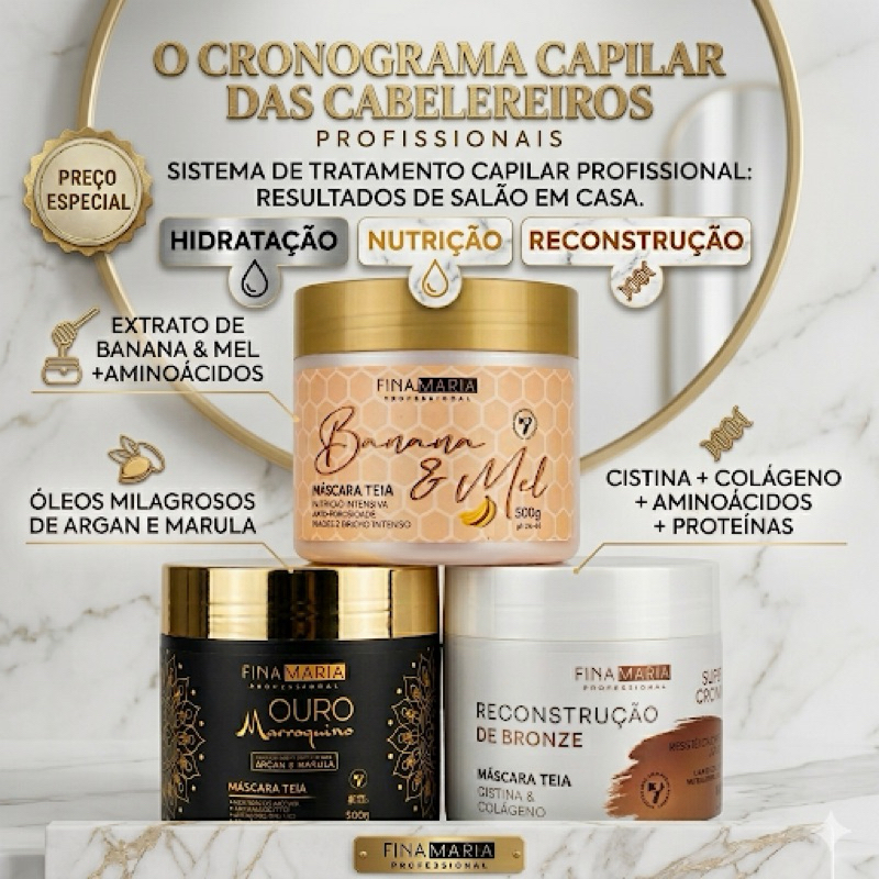 KIT CRONOGRAMA CAPILAR DAS CABELEREIRAS C/ 3 TRATAMENTOS PROFISSIONAIS 1.5KG | FINA MARIA PROFESSIONAL