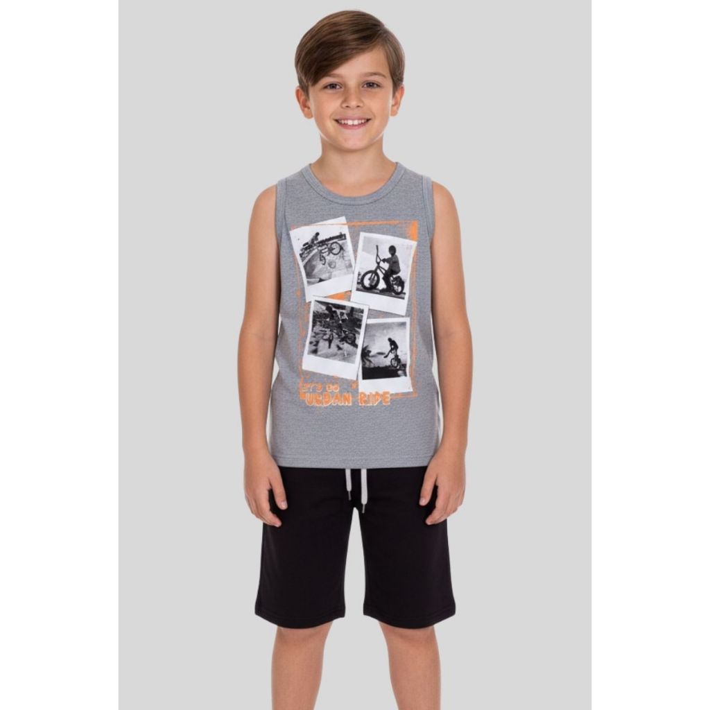 Conjunto Infantil Juvenil Verão Menino Masculino Regata Meia Malha 100% Algodão Bermuda Moletinho - Tam 4 ao 14