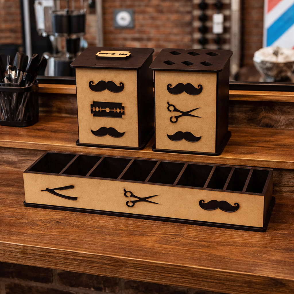 Kit Barbearia MDF Porta Pentes Porta Tesouras Descarte de Lâminas Profissional