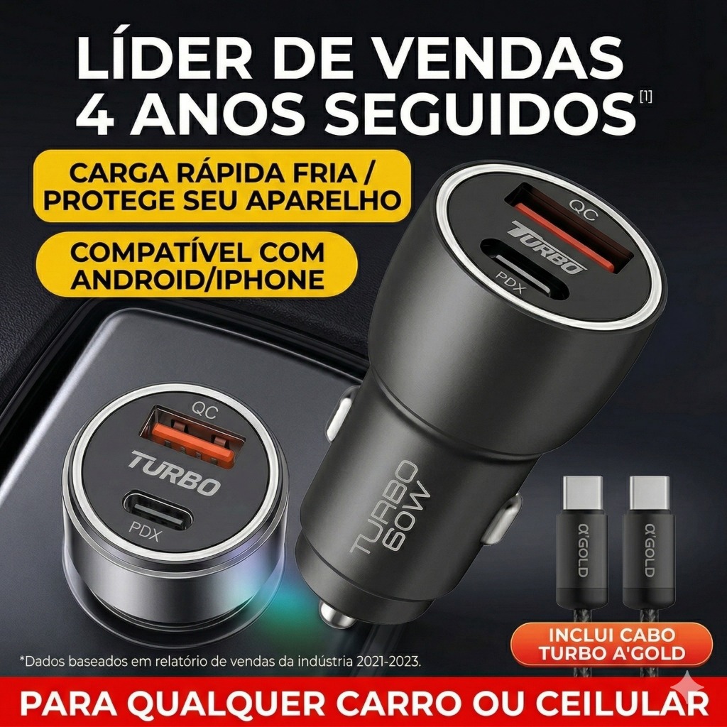 Carregador Turbo Para Carro 60W Com Cabo USB-C PD Tipo C Carga Rápida Samsung Android