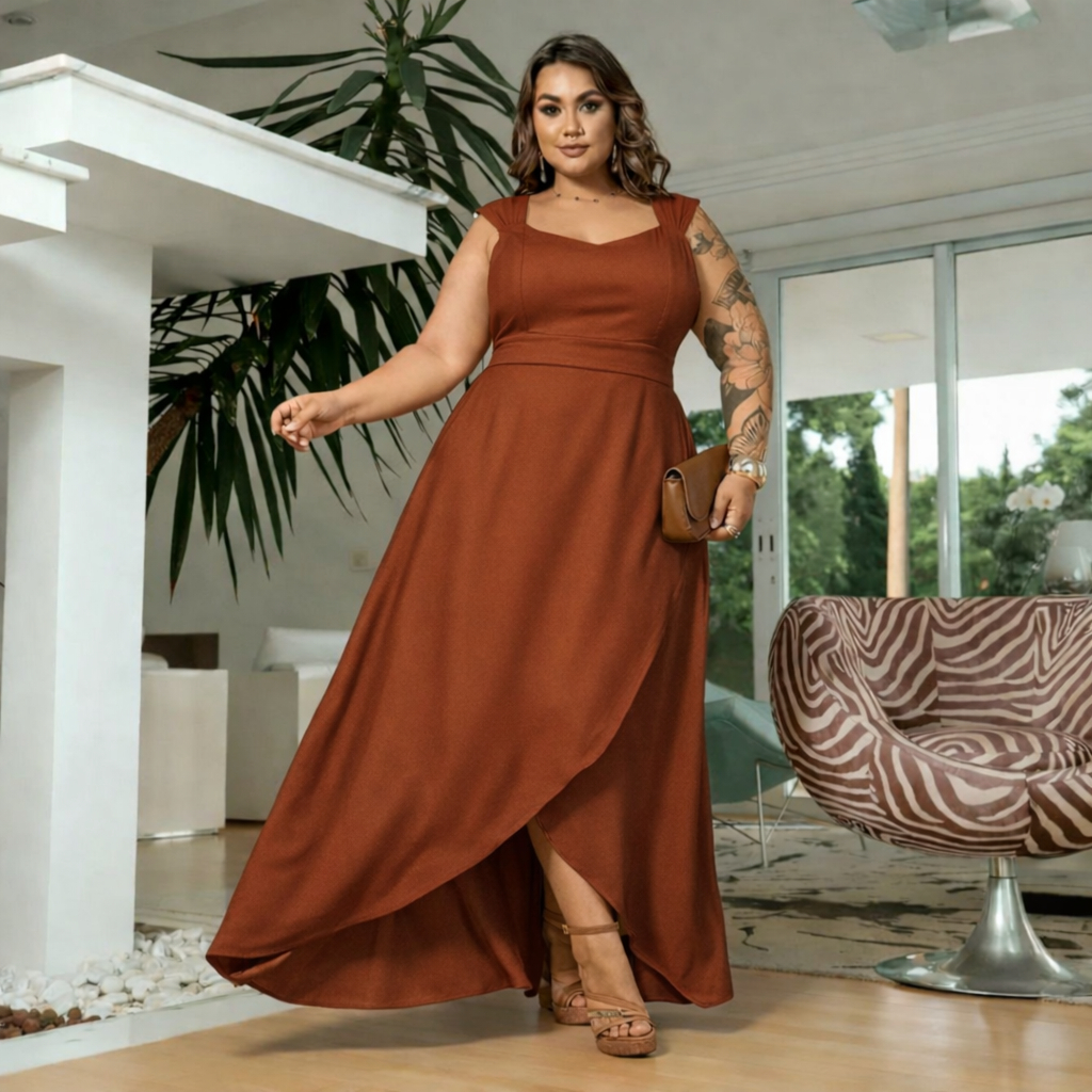 Vestido Feminino Plus Elegante Longo Transpassado Elastex