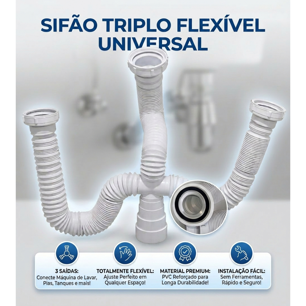 Sifão Triplo Sanfonado Flexível Pia Tanque Ajustável Extensivo Universal