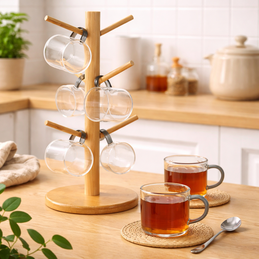 Suporte Organizador Porta Xicara Caneca 06 ou Copo Bambu/Madeira para Cozinha Cantinho do Café Chá