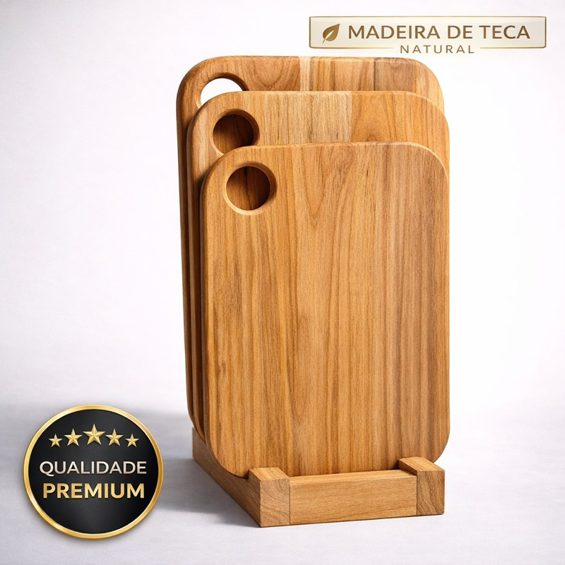 Kit 3 Tábuas de Carne em Madeira Teca com Suporte | Churrasco Gourmet | Corte de Carne e Cozinha