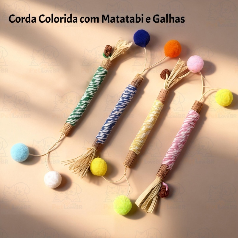 Kit Mordedor Felino: Bastão de Matatabi + Galhas + Ráfia + Corda Colorida – Estimula e Diverte