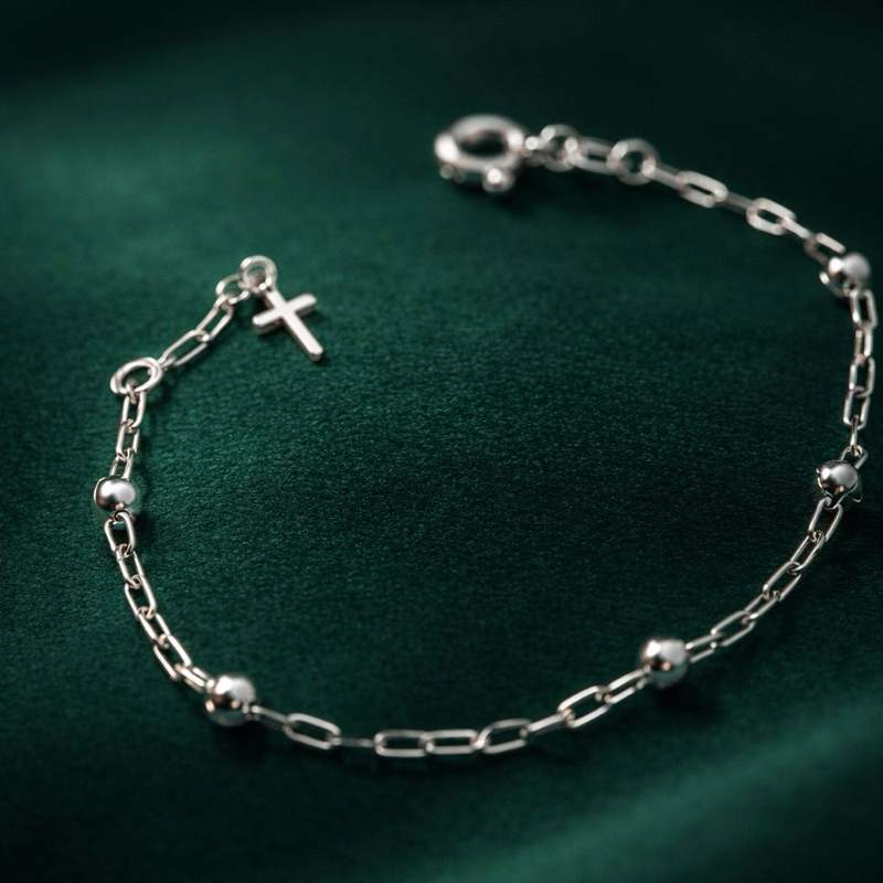 Pulseira Infantil Bolinha e Cruz em Prata 925 Pulseira Bebê Delicada