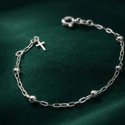 Pulseira Infantil Bolinha e Cruz em Prata 925 Pulseira Bebê Delicada