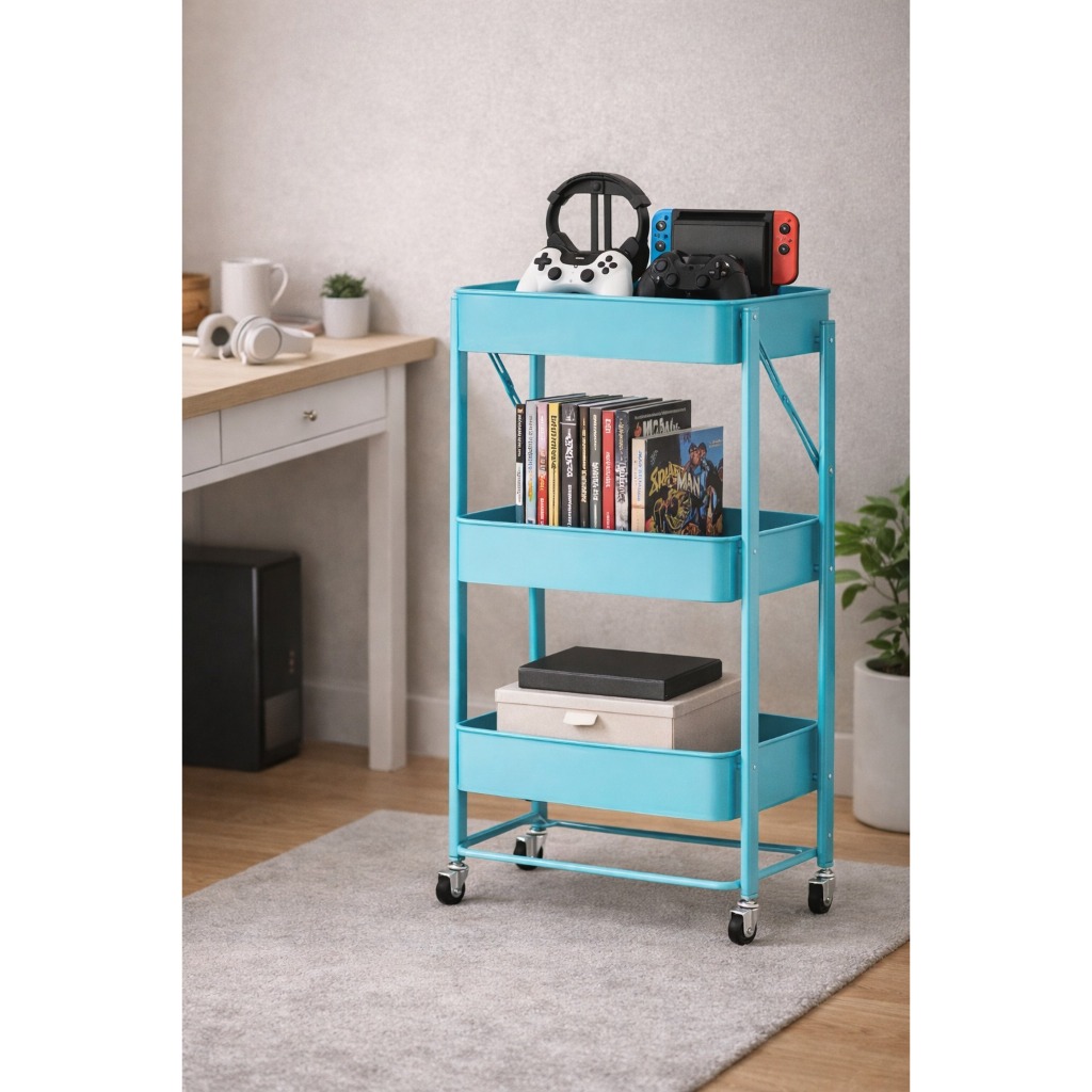 Carrinho Multiuso Organizador 3 Prateleiras Metal Azul Resistente Aramado Quanto de Menino Ateliê