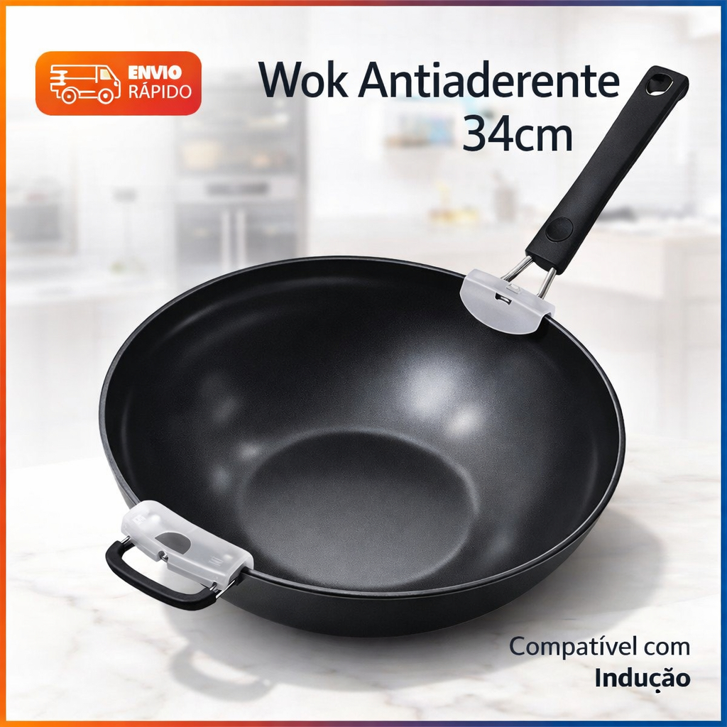 Imagem Frigideira Wok Indução Antiaderente Multifuncional 34cm Panela Grande Preta Alumínio Profissional