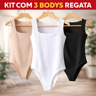 Kit 3 Body Feminino Decote Quadrado Liso Casual Regata Suplex Alça Larga