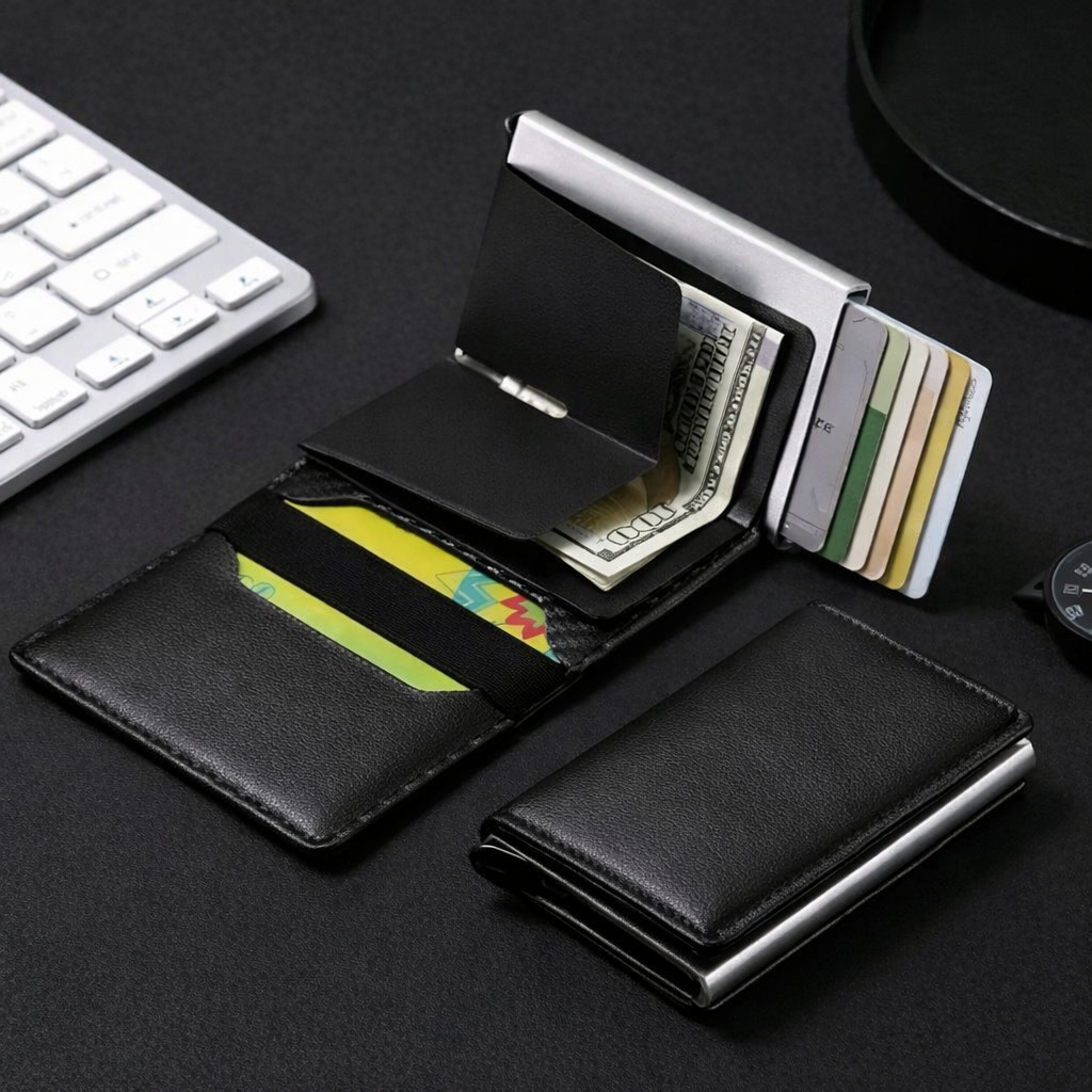 Carteira Fibra de Carbono Porta Cartões Compacta Anti Furto RFID Slim Couro Masculina Feminina