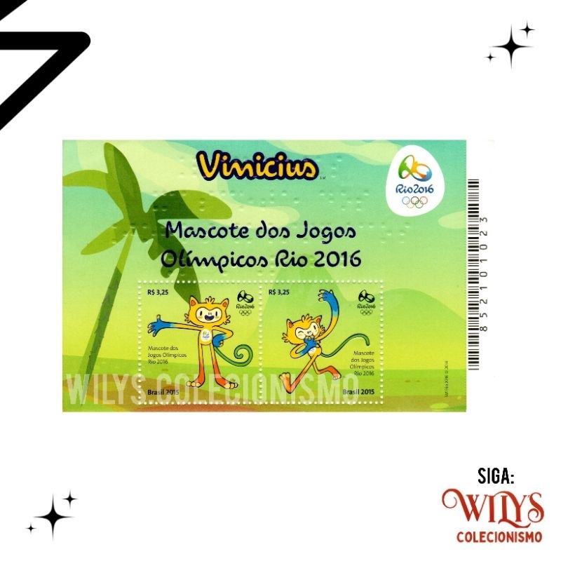 Bloco com 2 selos - Mascote dos Jogos Olímpicos Rio 2016 - Vinícius - 2015