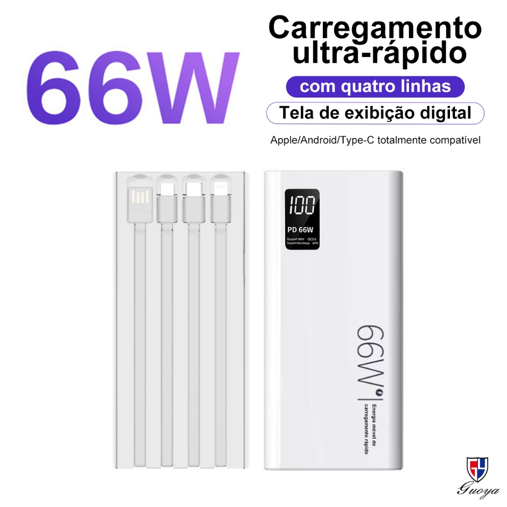 Carregador Power Bank  66W 20000mAh Grande Capacidade Saida 4 CabosTela LCD 100% Original