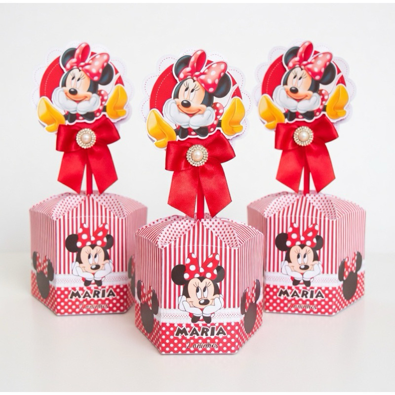 Kit Centro de Mesa Sextavado Minnie Vermelha Luxo (10, 20 ou 30 un) Personalizada Nome - Papel Fotográfico Brilho