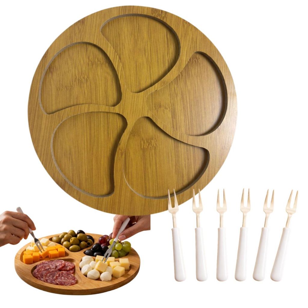 Petisqueira + 6 Mini Garfos Garfinhos 5 Divisoria para petiscos frios queijos tabua redonda
