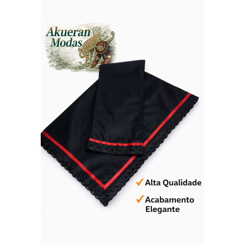 Conjunto 2 Peças Preto Umbanda e Candomblé – Pano da Costa + Pano de Cabeça Fita Vermelha