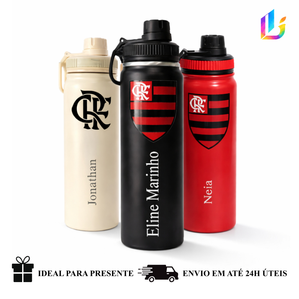 Garrafa Térmica Inox 800ml Personalizada Time Vermelho Preto RJ - Presente Torcedor/Futebol