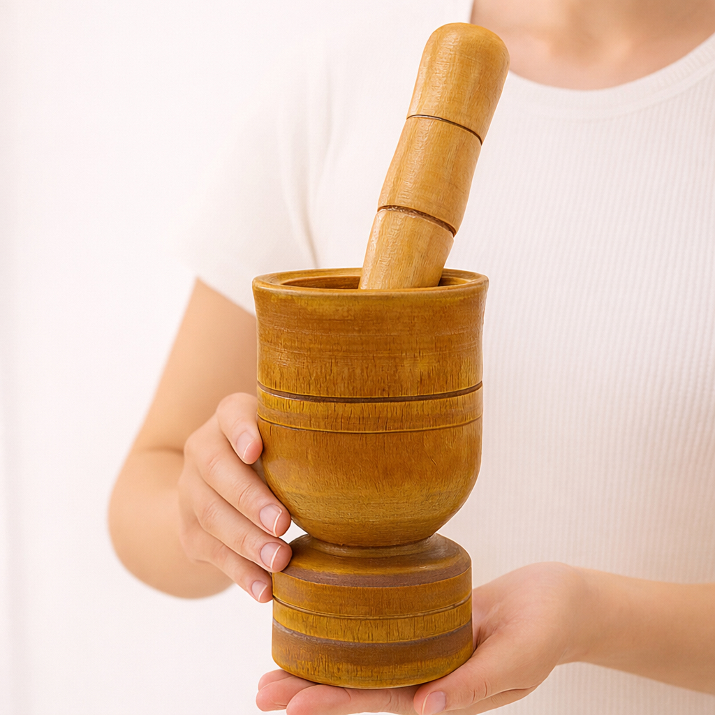 Pilão de Madeira com Socador 16cm Para Alho, Limão e Temperos Multiuso Rústico de Cozinha