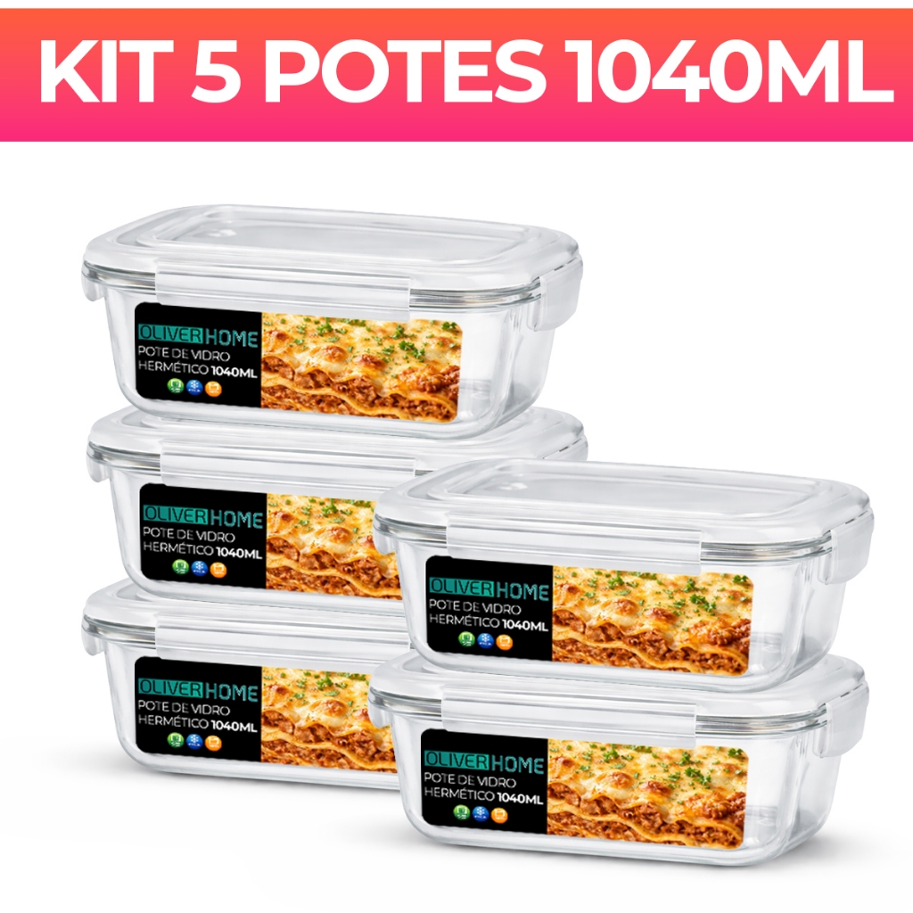 Conjunto Com 5 Potes Vidro 1040ml Hermético Marmita 4 Trava- Pote Hermetico em Oferta na Shopee