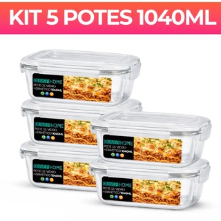 Conjunto Com 5 Potes Vidro 1040ml Hermético Marmita 4 Trava- Pote Hermetico