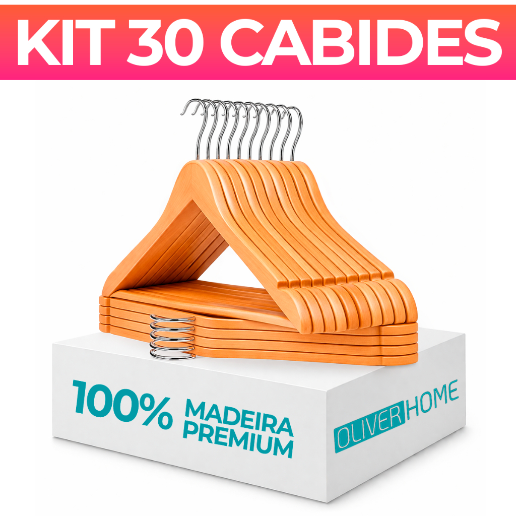 Kit 30 Cabide Madeira Marfim Barato Premium Organização Roupas Calças Loja Atacado