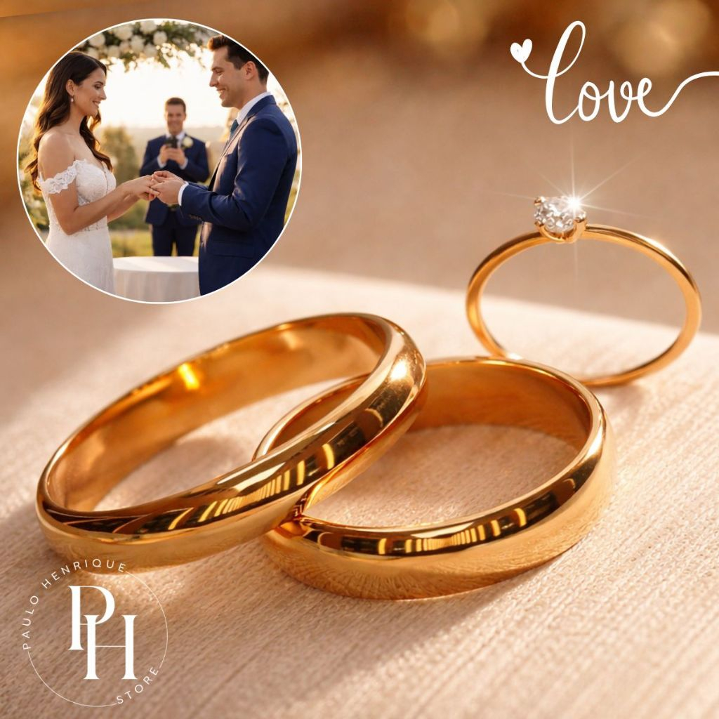 Par Alianças Moeda Antiga 4mm + Anel Solitário Ouro 18k Luxo Noivado Inox Casamento com Caixa