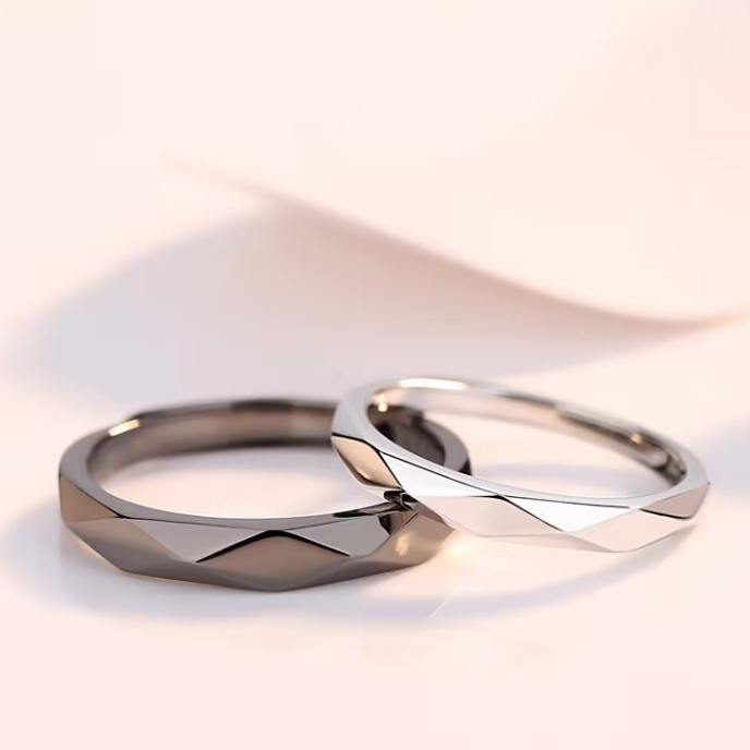 Aliança Casal Diamante Losango Geomátrica Preto e Prata Ajustável – Anel de Namoro e Compromisso em Oferta na Shopee