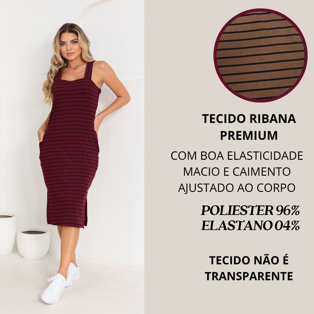 Vestido Midi Feminino Decote Coração com Bolso e Fendas Laterais Tecido Ribana Moda Verão 2026