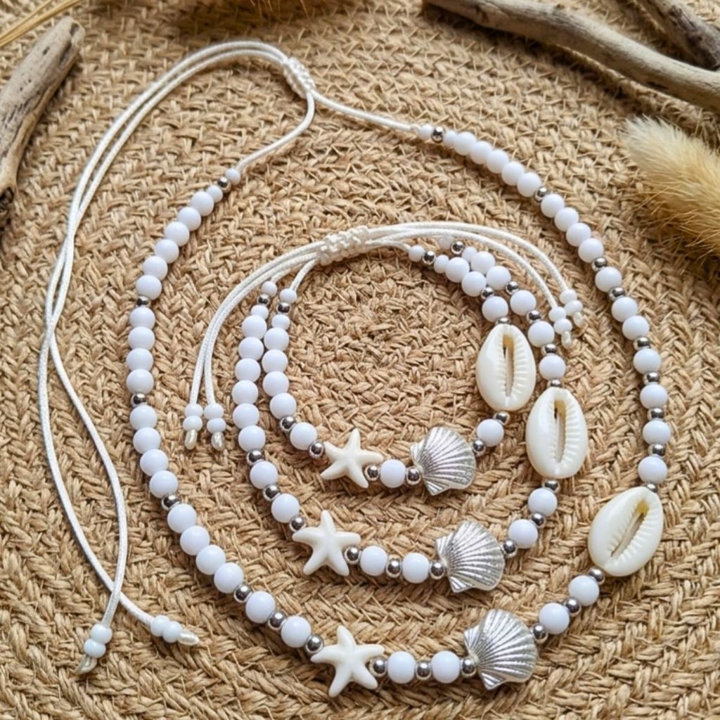 Kit 3 Peças Choker/Colar Pulseira Tornozeleira Elementos Búzio Estrela e Concha do Mar Moda Sereia Praiana Fecho Macramê