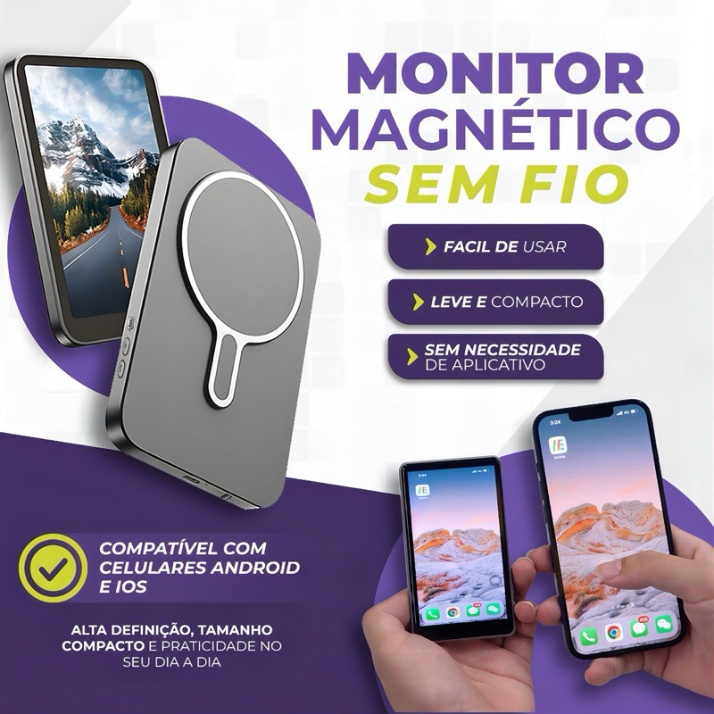 Tela De Monitor Magnético Espelha Para Usar Câmera Traseira Do Smartphone Selfie Vlog Gravação De Vídeo Tela 4''Polegada