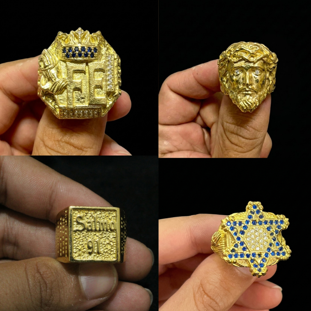 Dedeira Anel Moeda Antiga Salmo 91 Jesus  Fé  Estrela de Davi Ouro 18k Religioso